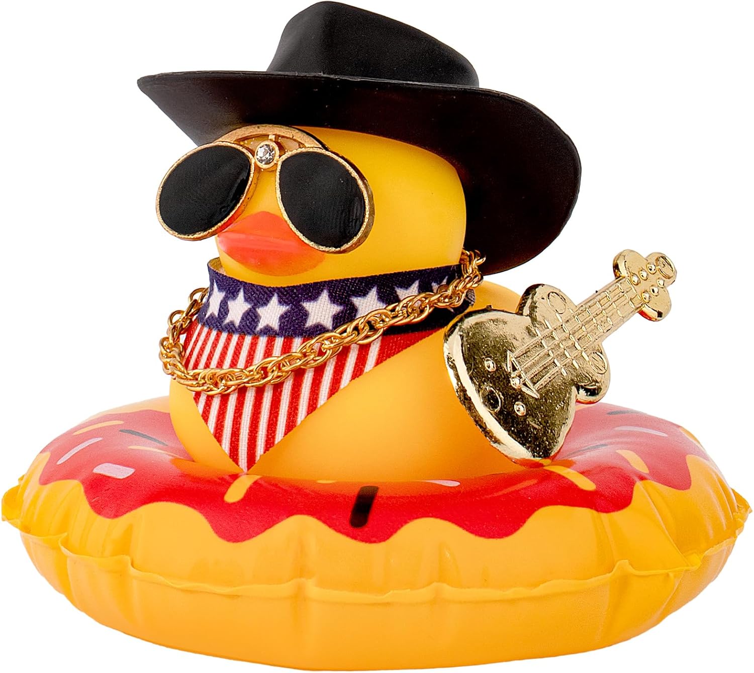 wonuu Adorno de pato para automóvil, accesorios de goma con lentes de sol, sombrero, collar, anillo de natación y mini instrumentos musicales,