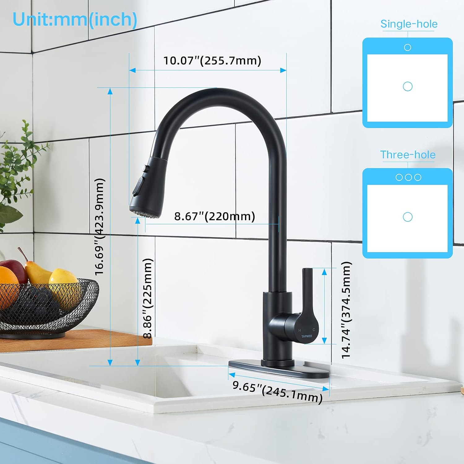 Grifo de cocina negro de un solo mango, grifo de cocina extraíble, grifos de fregadero de cocina de acero inoxidable de un solo nivel con rociador