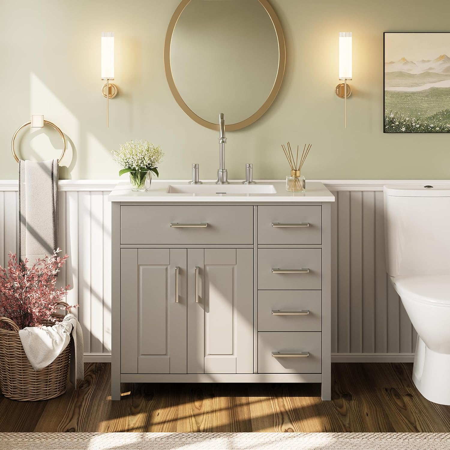Combinación de tocador de baño de 36 pulgadas con lavabo, moderno juego de gabinete de baño individual pequeño con montaje inferior, incluye