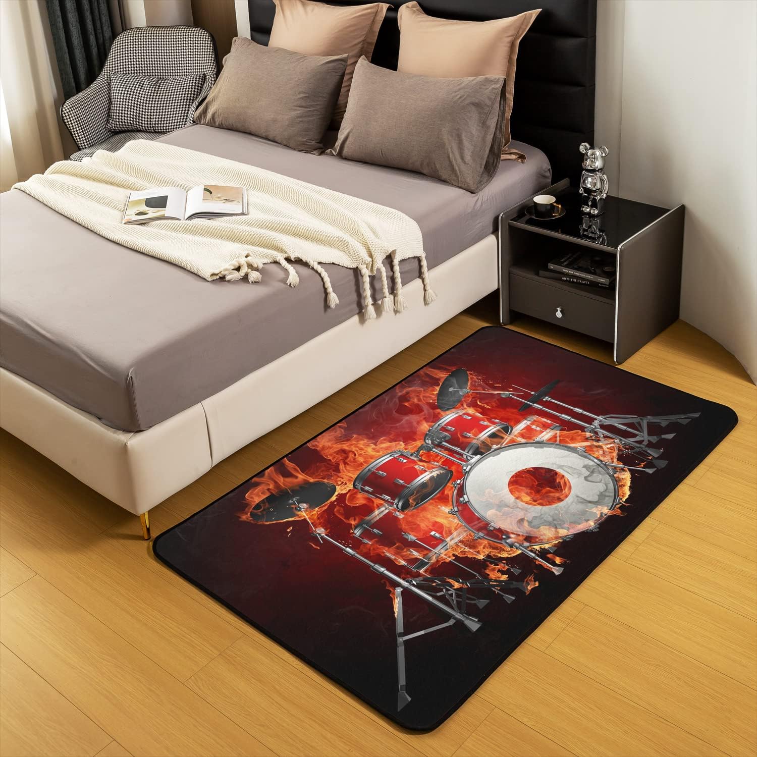 jejeloiu Kit de batería de 5 x 7 pies, alfombra decorativa con temática de música rock para niños, alfombra de instrumentos musicales fuertes para