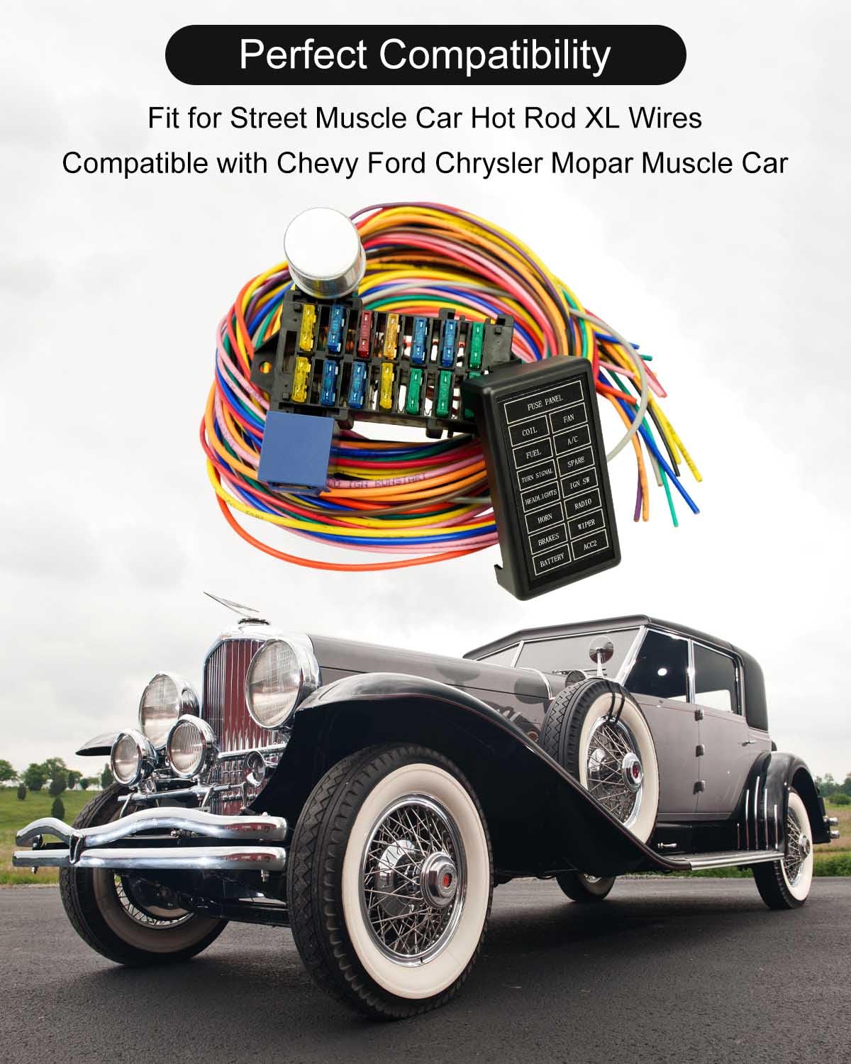 Arnés de cableado universal de 14 circuitos para Street Muscle Car Hot Rod XL, kit de arnés de cableado de fusible de 12 V compatible con Chevy Ford