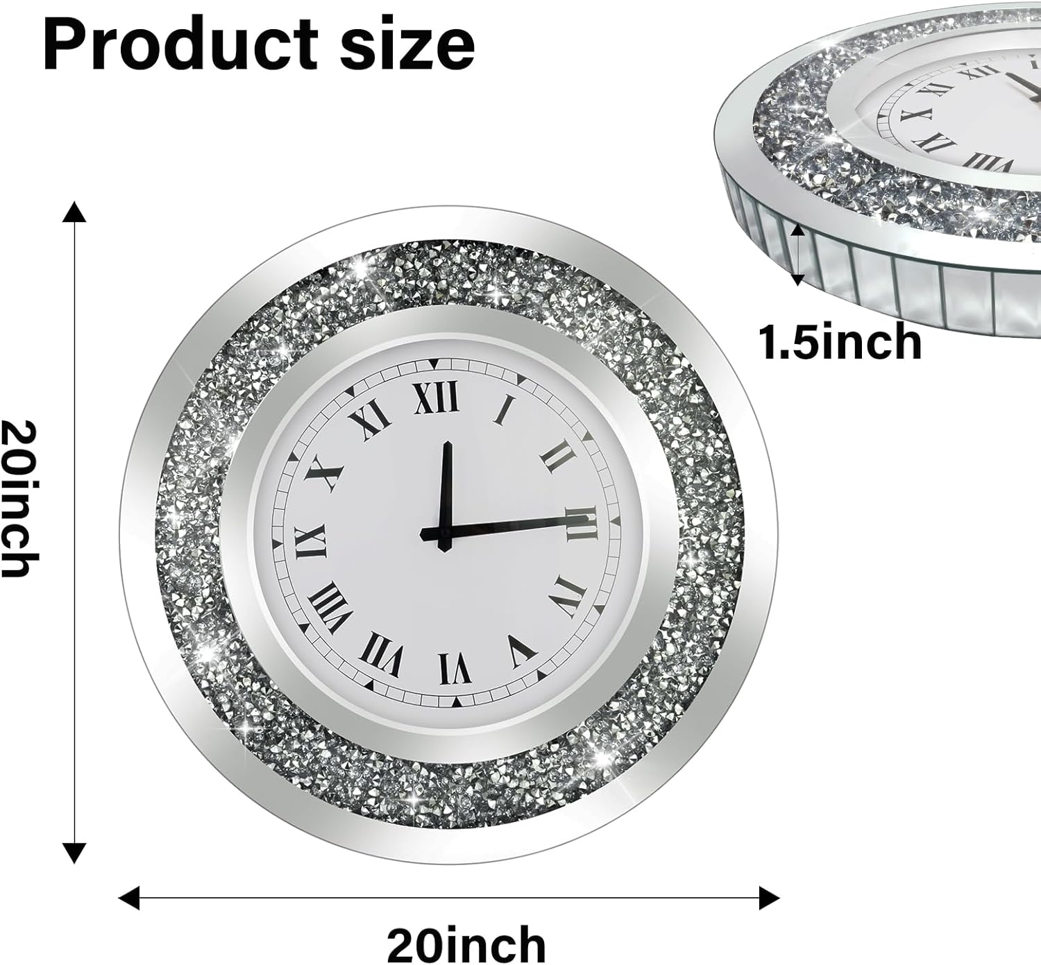 Reloj de pared grande con diamantes brillantes redondos plateados para decoración de pared (20 pulgadas)