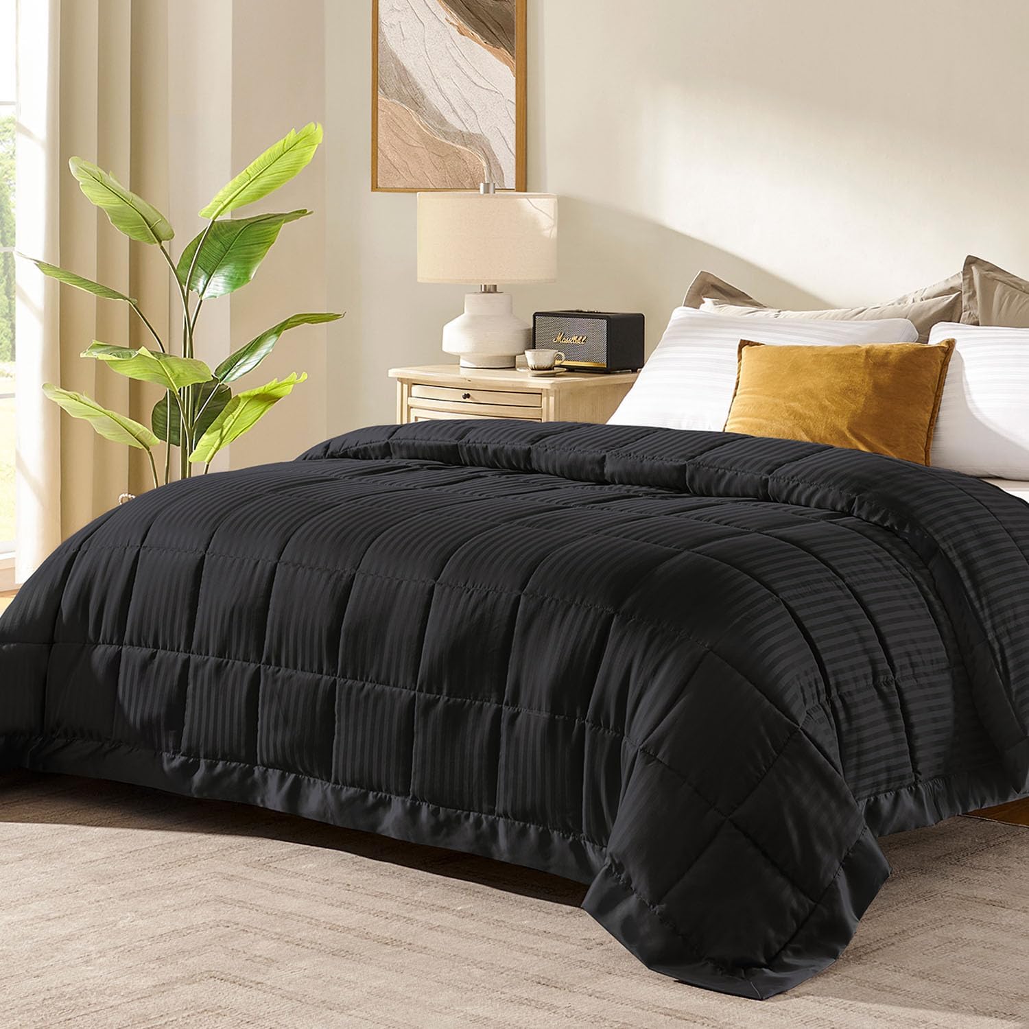 downluxe – Manta con ribete de satén, ligera, con relleno alternativo, para todas las estaciones, lavable a máquina, tamaño individual (color negro,