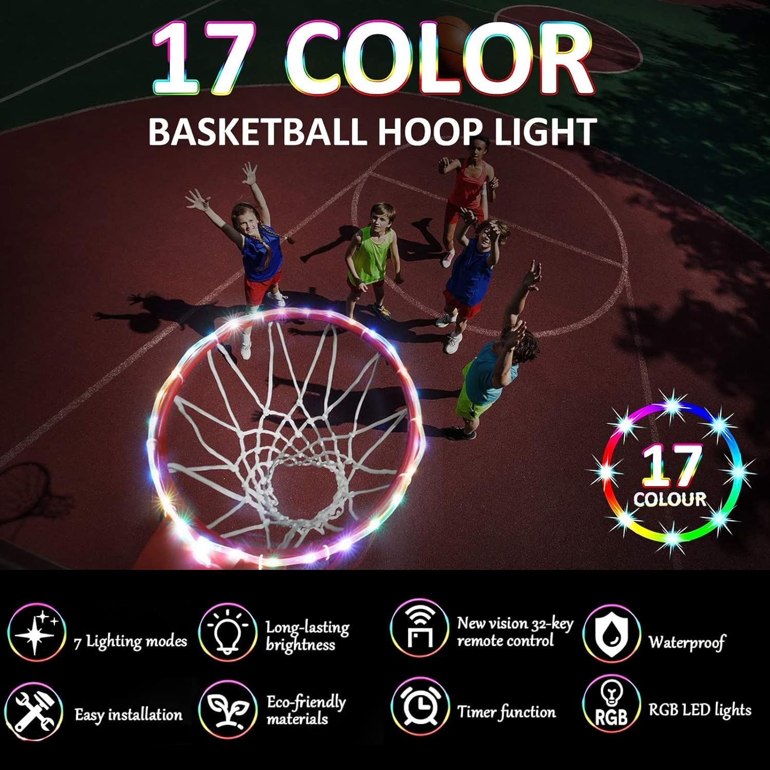 Luz LED de aro de baloncesto con control remoto para borde de baloncesto, luz LED, 17 colores, impermeable, para jugar al aire libre por la noche,
