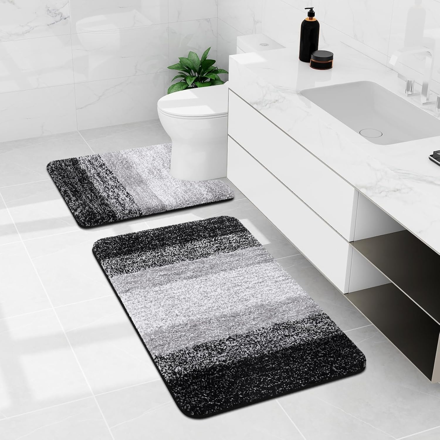 Arotive Alfombras de baño de microfibra de 2 piezas, tamaño 24 x 16 y 30 x 20 pulgadas, color negro, paquete de 2 artículos