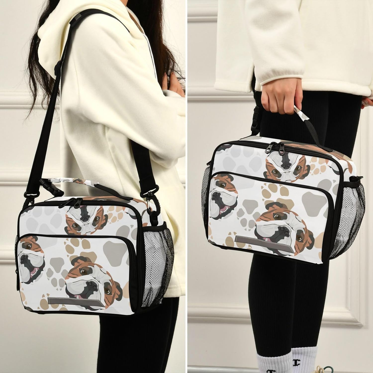 Bolsa de almuerzo para mujeres, con diseño de patas de perro, con aislamiento, bolsa de bulldog inglés con correa ajustable para el hombro, para