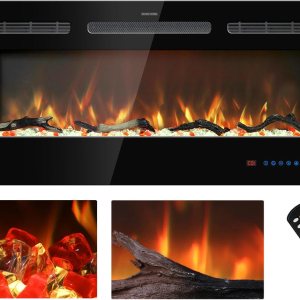 Insertos de chimenea eléctrica de 39 pulgadas, calentador de chimenea empotrado y montado en la pared, chimenea lineal con termostato, control Insertos de chimenea eléctrica de 39 pulgadas, calentador de chimenea empotrado y montado en la pared, chimenea lineal con termostato, control