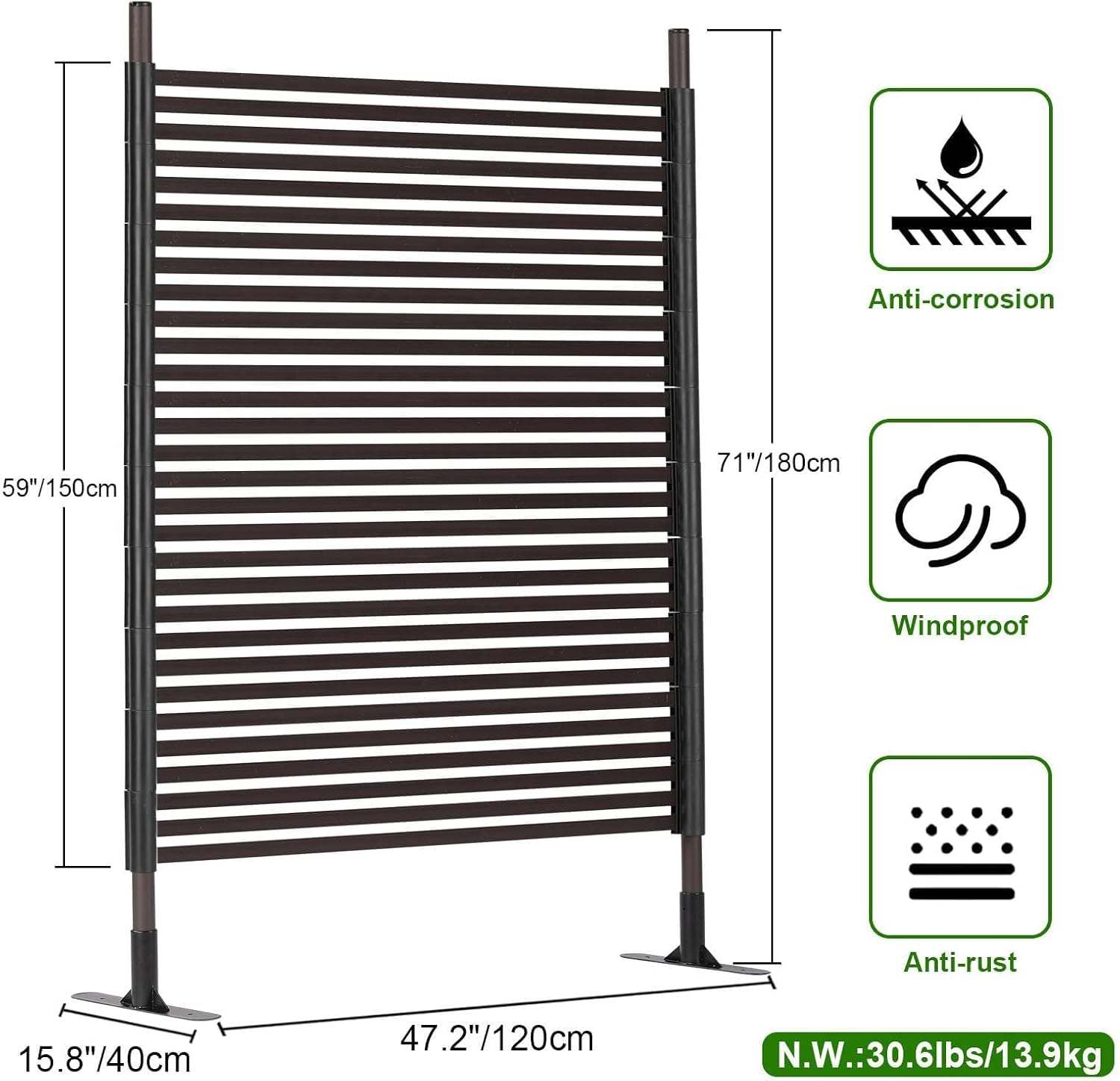 Pantallas de privacidad para exteriores, 48 pulgadas de ancho x 71 pulgadas de alto, tubos y listones de acero con revestimiento de poliéster,