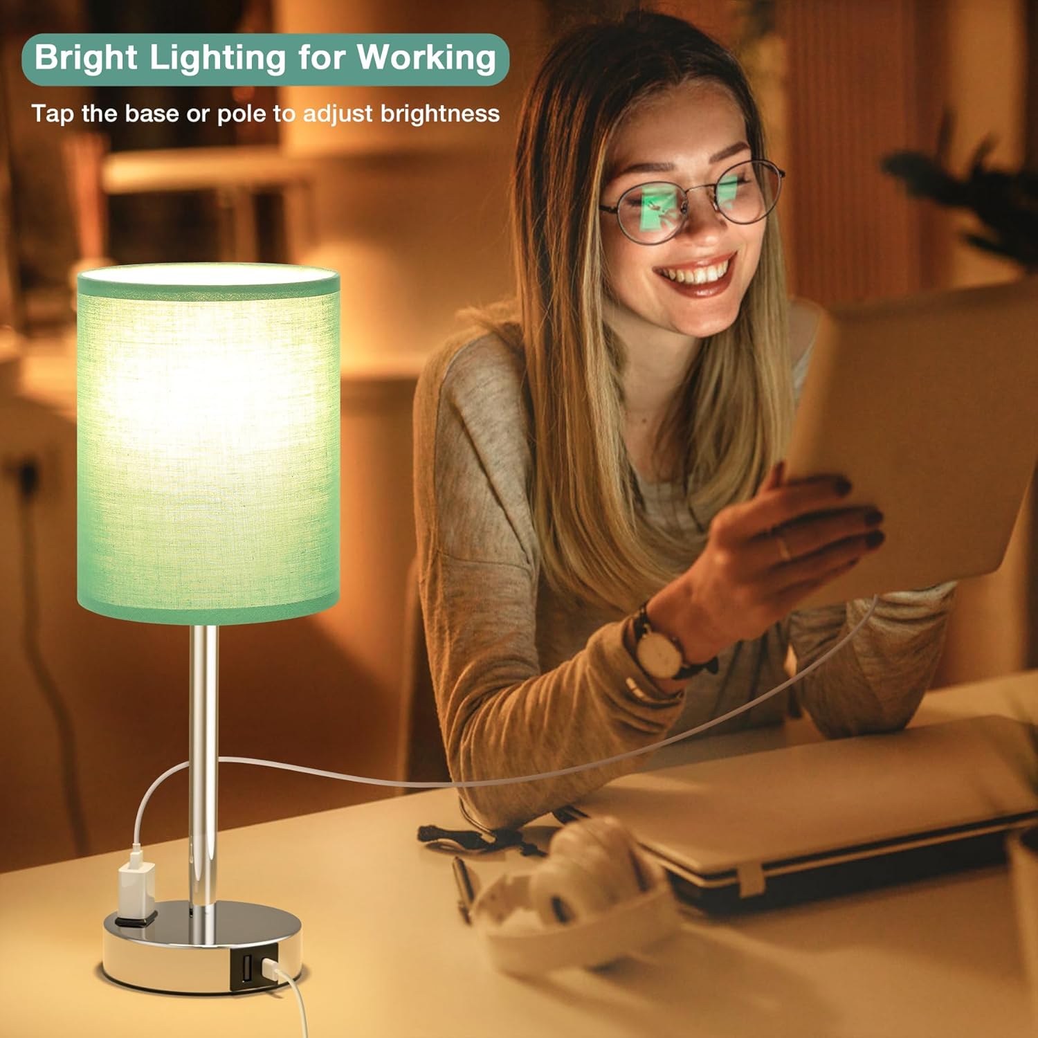 Innqoo Juego de lámparas de mesa táctiles verde azulado de 2 a 3 vías regulables con puertos USB C y A y tomas de corriente, lámpara moderna de