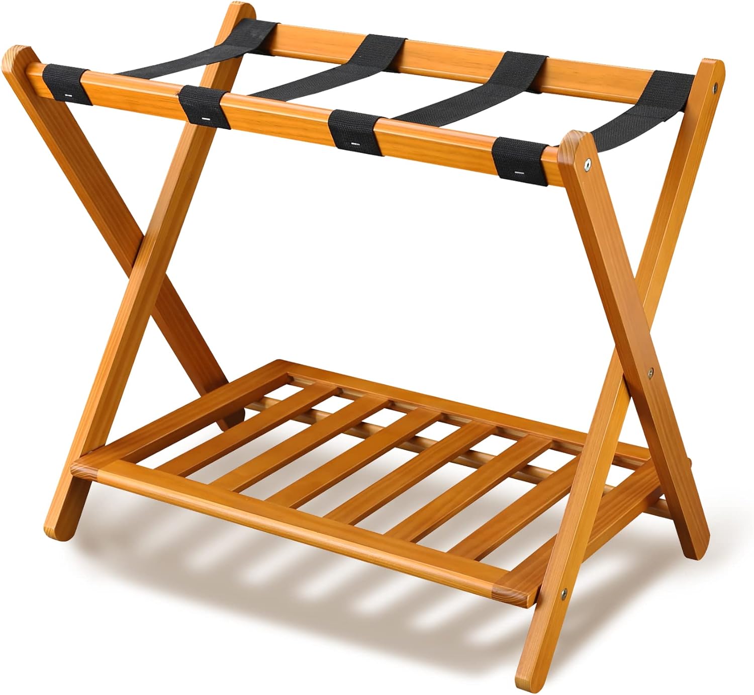 Stony Edge Portaequipajes de madera plegable ancho para habitación de invitados, soporte para maleta totalmente montado con estante de