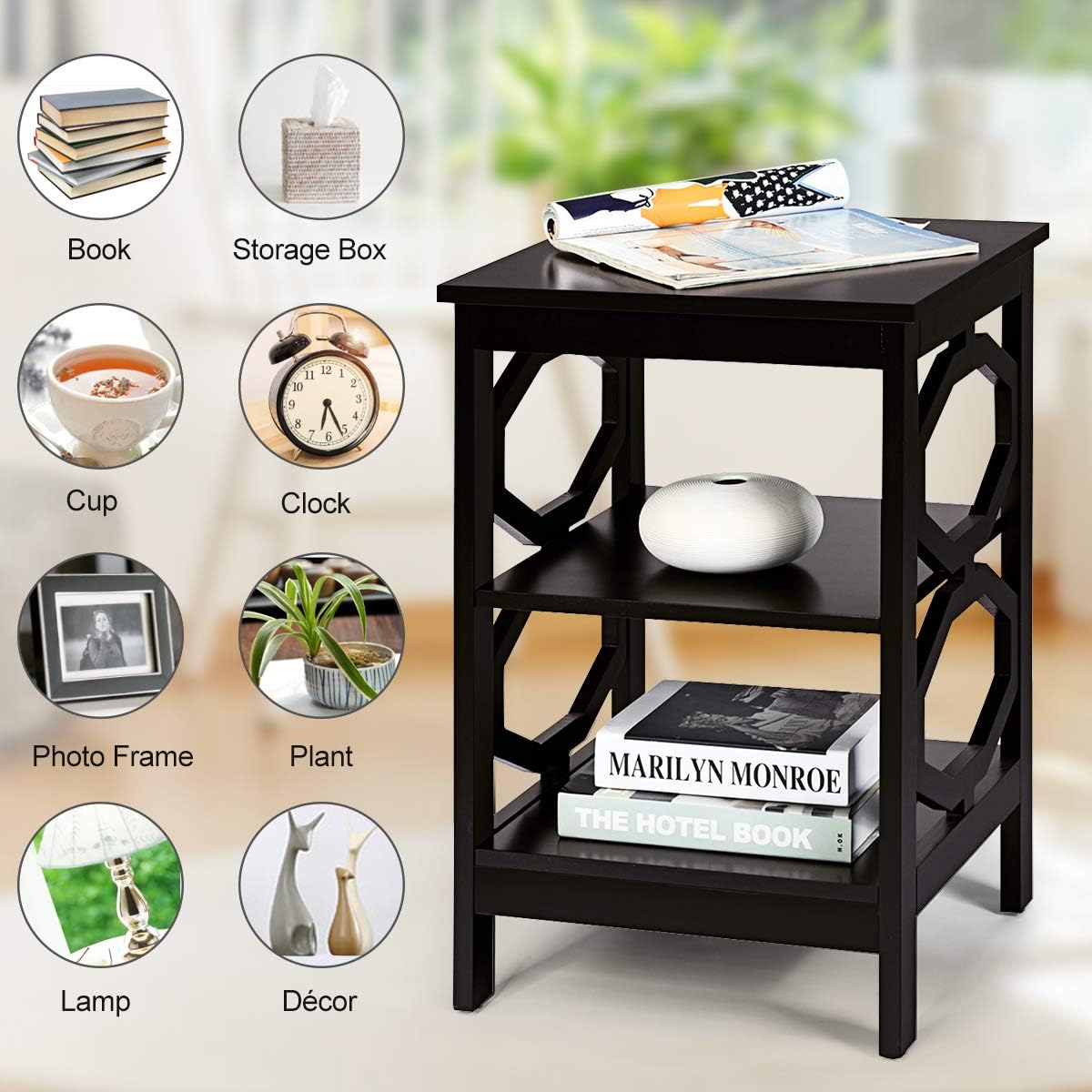 KOTEK Juego de 2 mesitas de noche de 3 niveles, mesa auxiliar de madera para sofá con estantes de almacenamiento, estructura estable, mesa auxiliar