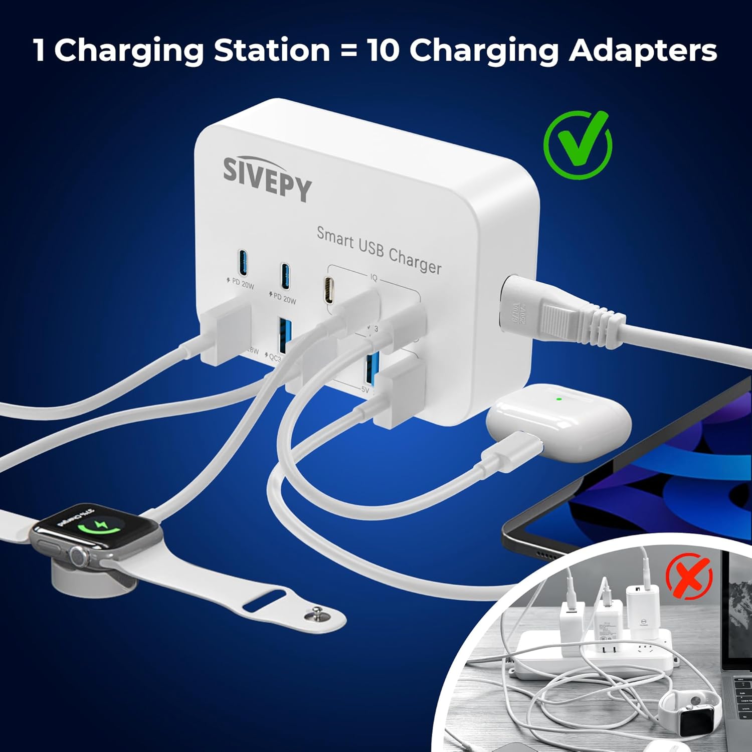 PD20W – Estación de carga USB C, cargador USB C de escritorio 106 W 10 en 1, protector de sobretensiones (4200J), adaptador de alimentación de carga