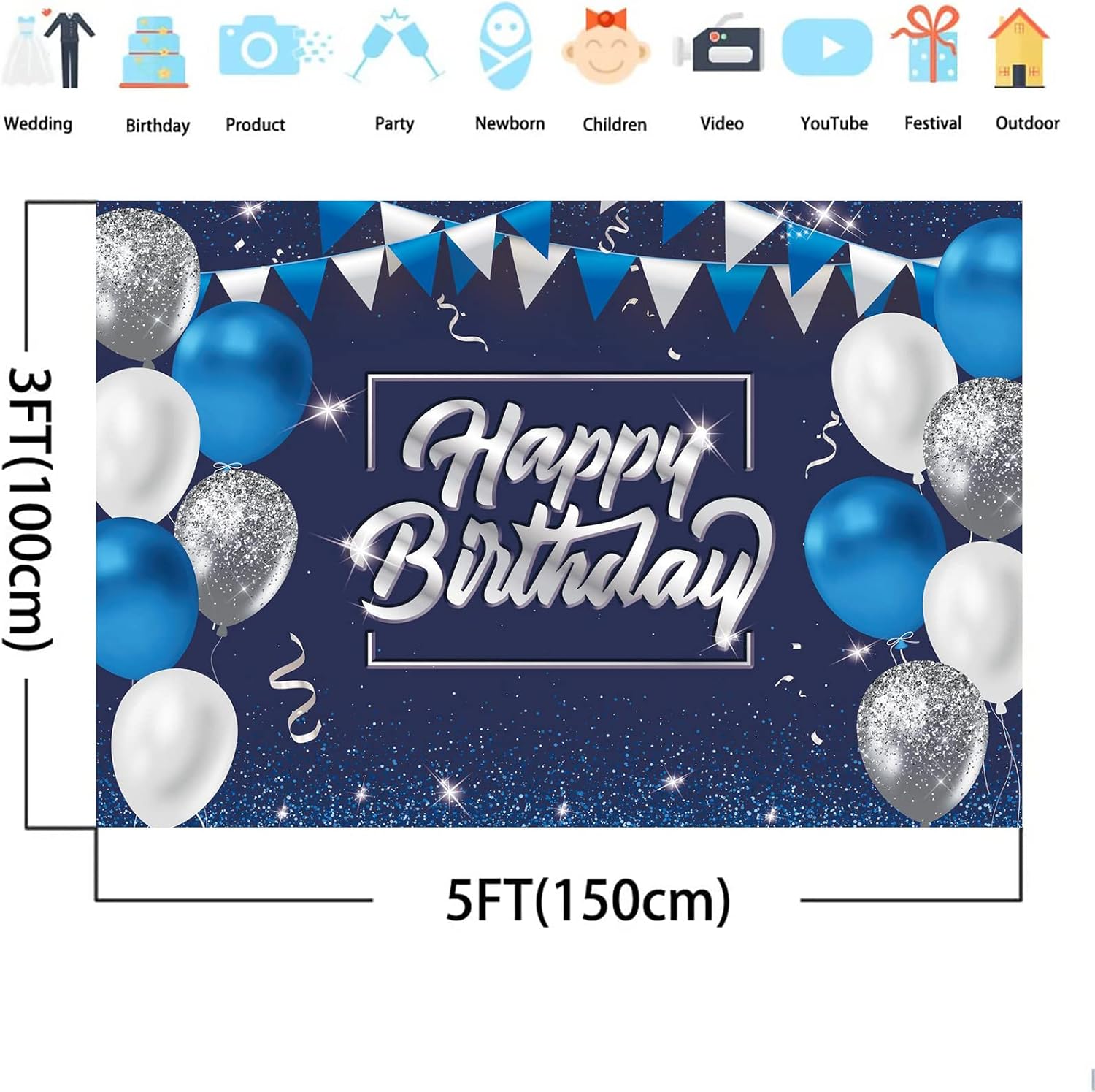 Decoración de feliz cumpleaños de 5 x 3 pies, telón de fondo de cumpleaños con purpurina, cartel de feliz cumpleaños, suministros de fiesta de
