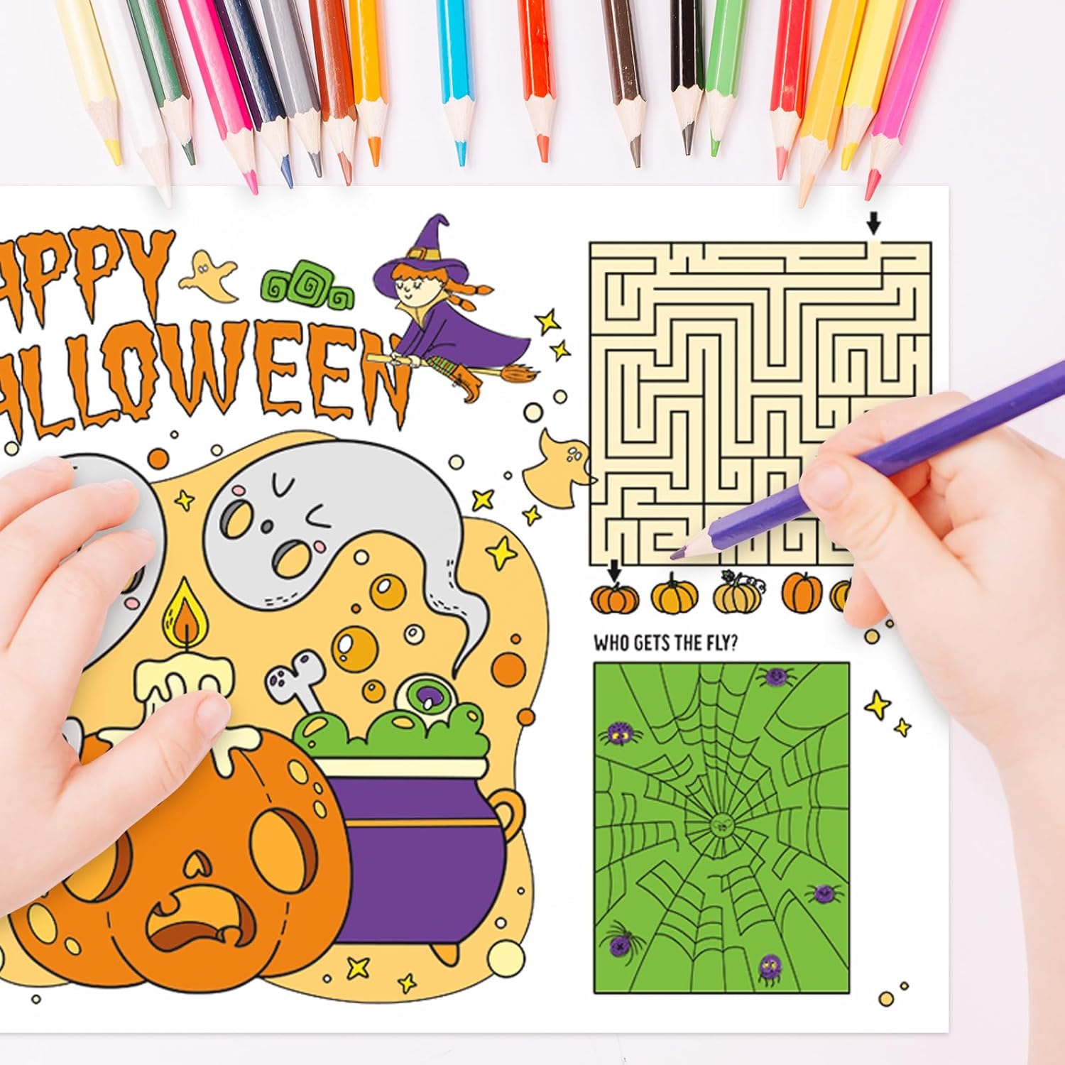AnyDesign – 30 manteles individuales de papel de Halloween de 5 estilos para colorear de 11 x 14 pulgadas, tapete de comedor desechable para