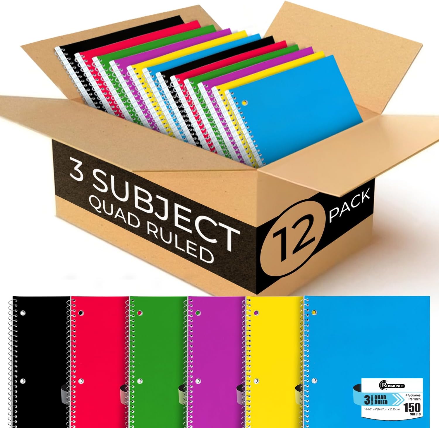 Cuadernos de espiral de 3 materias a rayas, paquete de 12, 300 páginas (150 hojas), 8 x 10-12 pulgadas, cuadrícula en espiral para la escuela y la