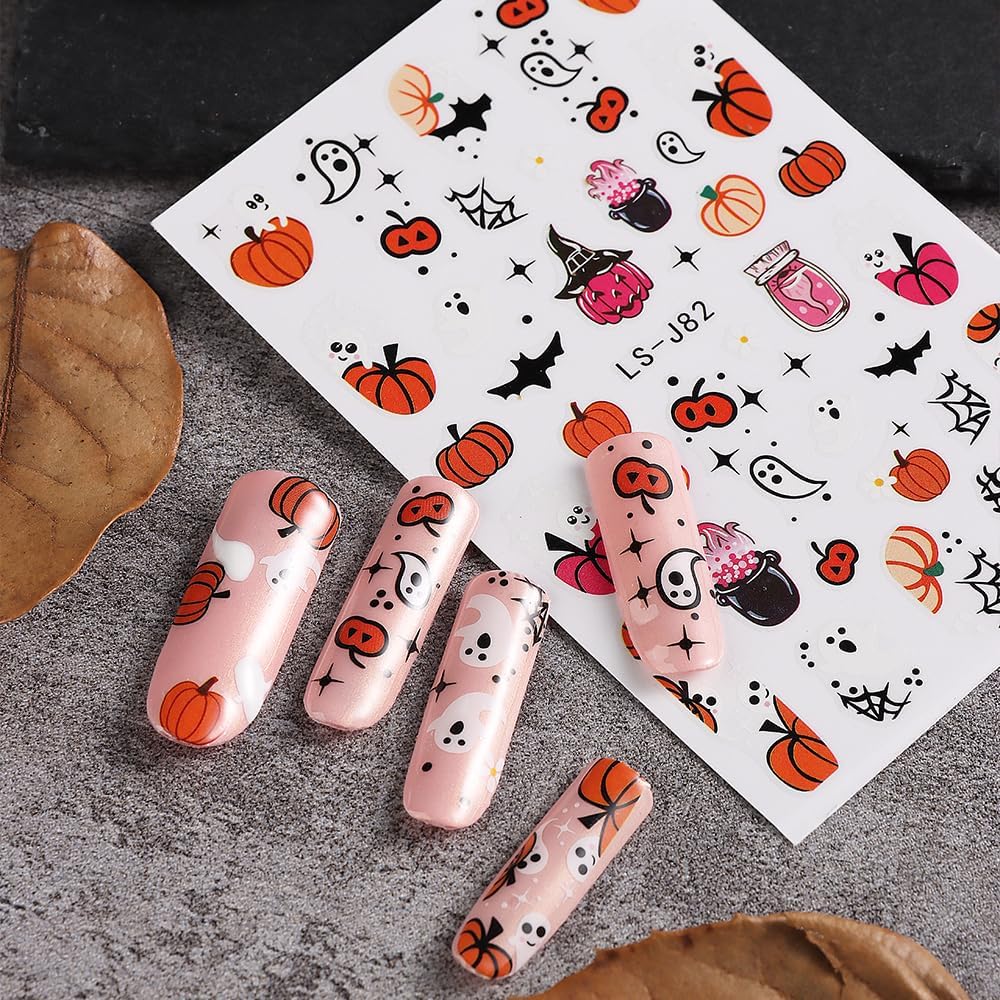 JMEOWIO 9 hojas de calcomanías de arte de uñas de Halloween, calcomanías autoadhesivas, uñas de terror, fantasma, bruja, telaraña, murciélago, gato,