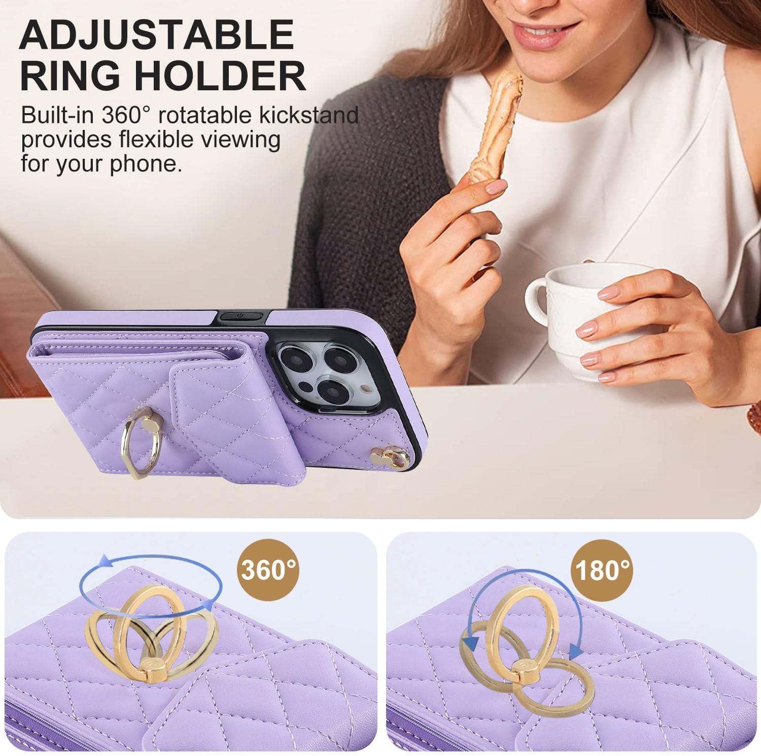 CHENRLIAN Compatible with iPhone 15 Pro Max Wallet Case with Card Holder, 360 Rotation Finger Ring Holder Kickstand, Leather Wallet Case and
