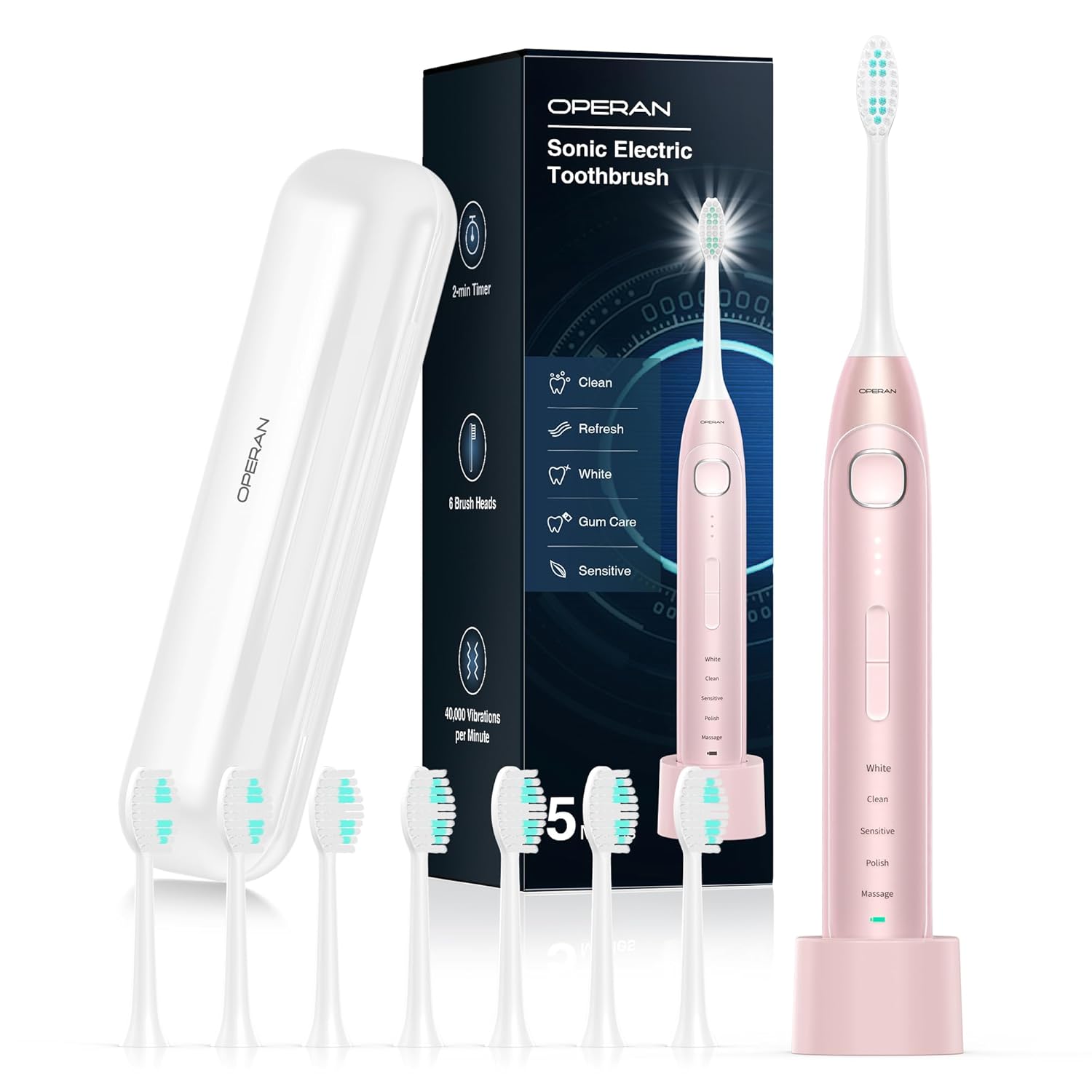 Operan Cepillo de dientes eléctrico para adultos y niños, cepillo de dientes recargable sónico con 5 modos, temporizador inteligente de 2 minutos,