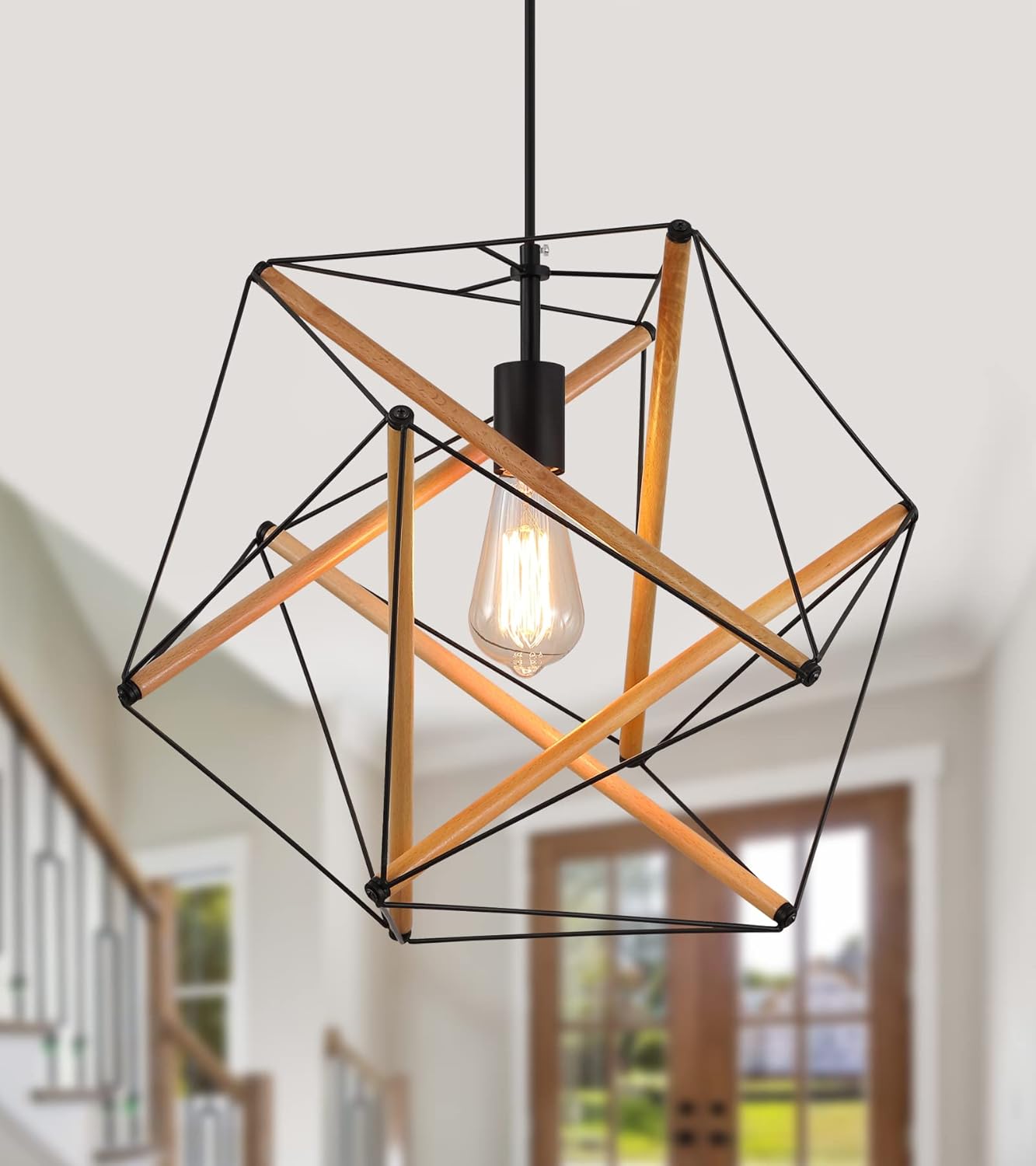 AMZASA Lámpara colgante geométrica negra Art Deco de metal y madera, moderna lámpara industrial para comedor, cocina, isla, centro de artes, estudio