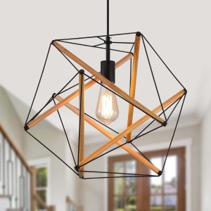 AMZASA Lámpara colgante geométrica negra Art Deco de metal y madera, moderna lámpara industrial para comedor, cocina, isla, centro de artes, estudio AMZASA Lámpara colgante geométrica negra Art Deco de metal y madera, moderna lámpara industrial para comedor, cocina, isla, centro de artes, estudio