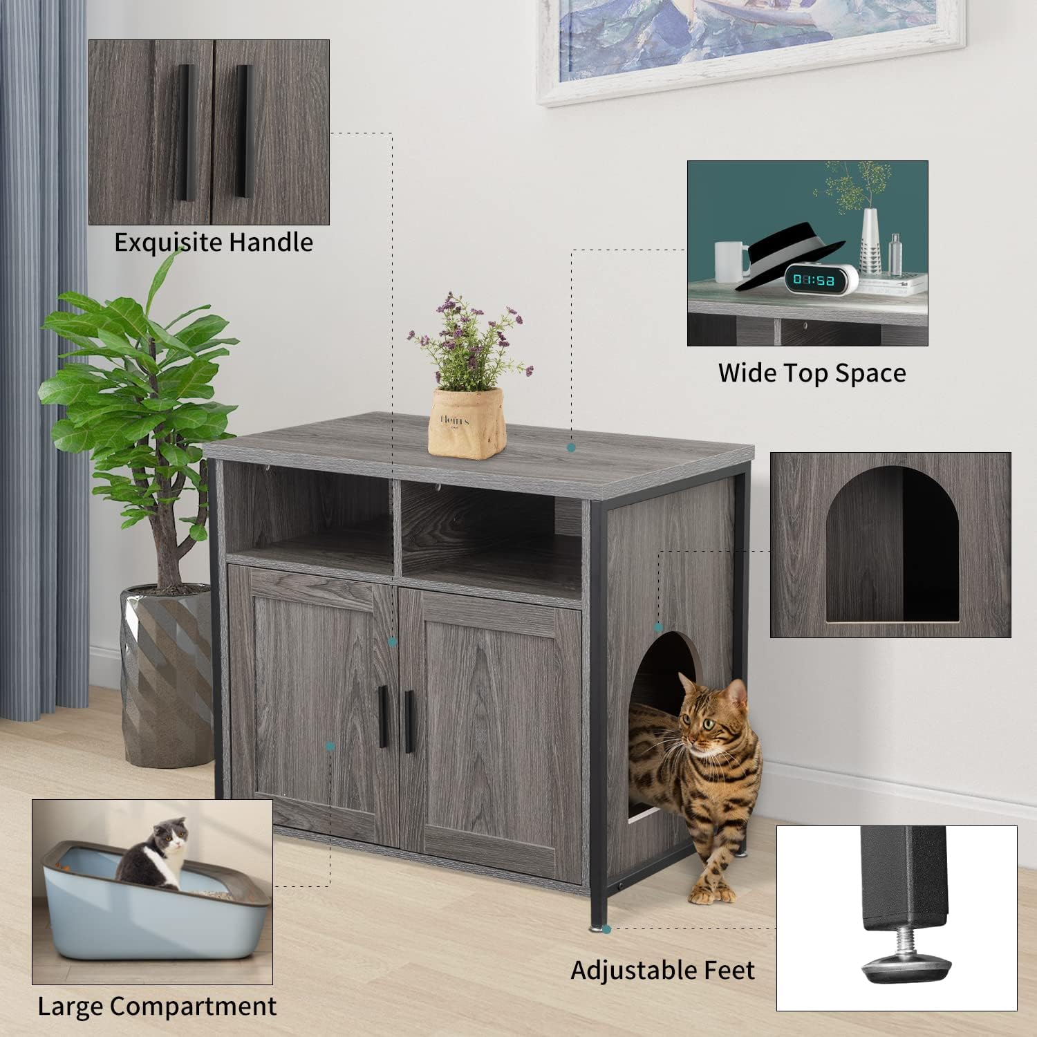 Muebles de caja de arena para gatos, banco de almacenamiento de arena oculto para gatos con estructura de madera resistente y puerta doble,