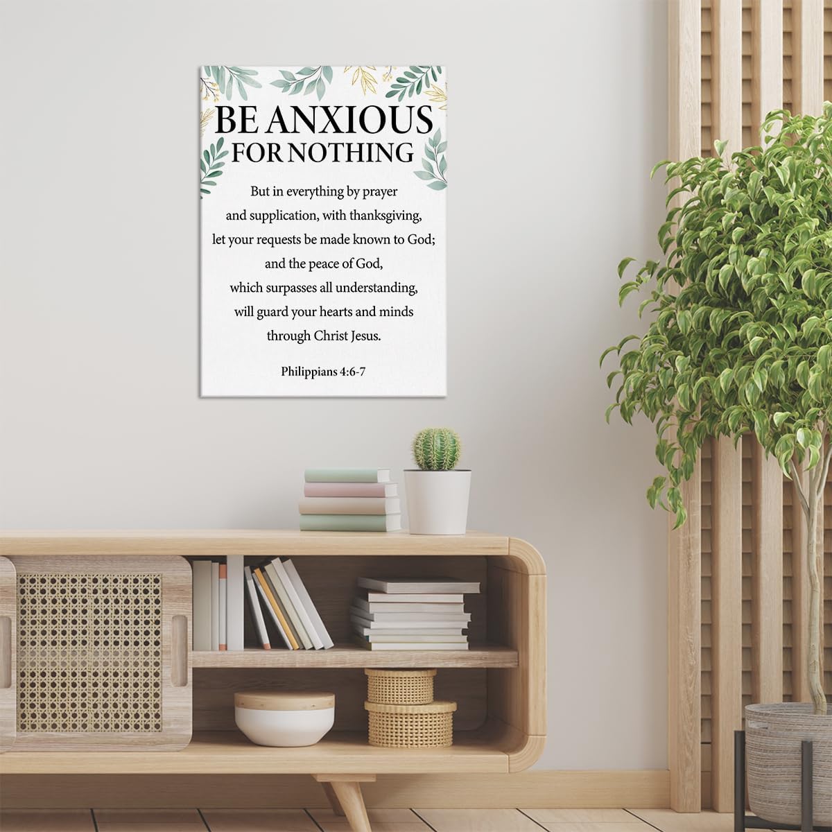 Póster de pared con versículo bíblico positivo con texto en inglés “Be Anxious for Nothing”, pintura enmarcada de Filipenses 46-7 para decoración