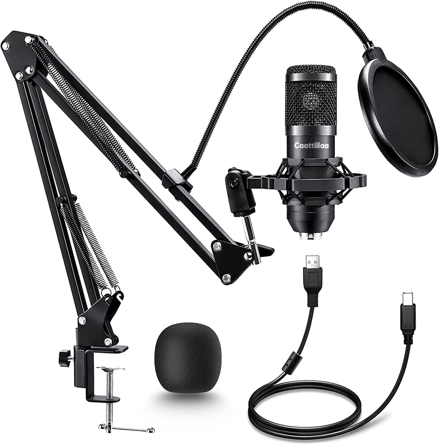 Caattiilaa Micrófono USB – Micrófono de grabación profesional, 192 KHZ24 bits, filtro pop, juego de brazo de brazo, fácil instalación, compatible