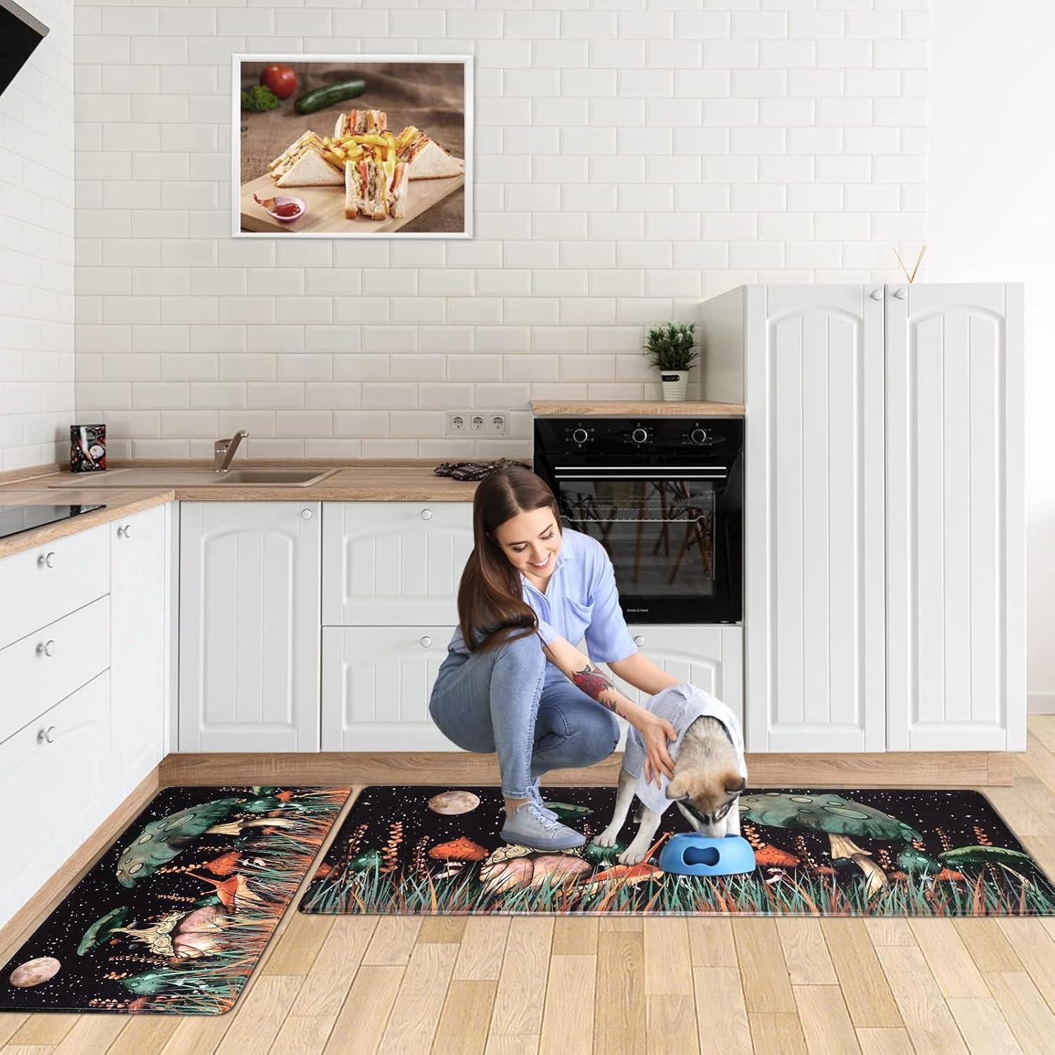 ASPMIZ Juego de 2 alfombras de cocina con diseño de hongos, acolchadas, antifatiga, color negro, antideslizantes, impermeables, para frente del