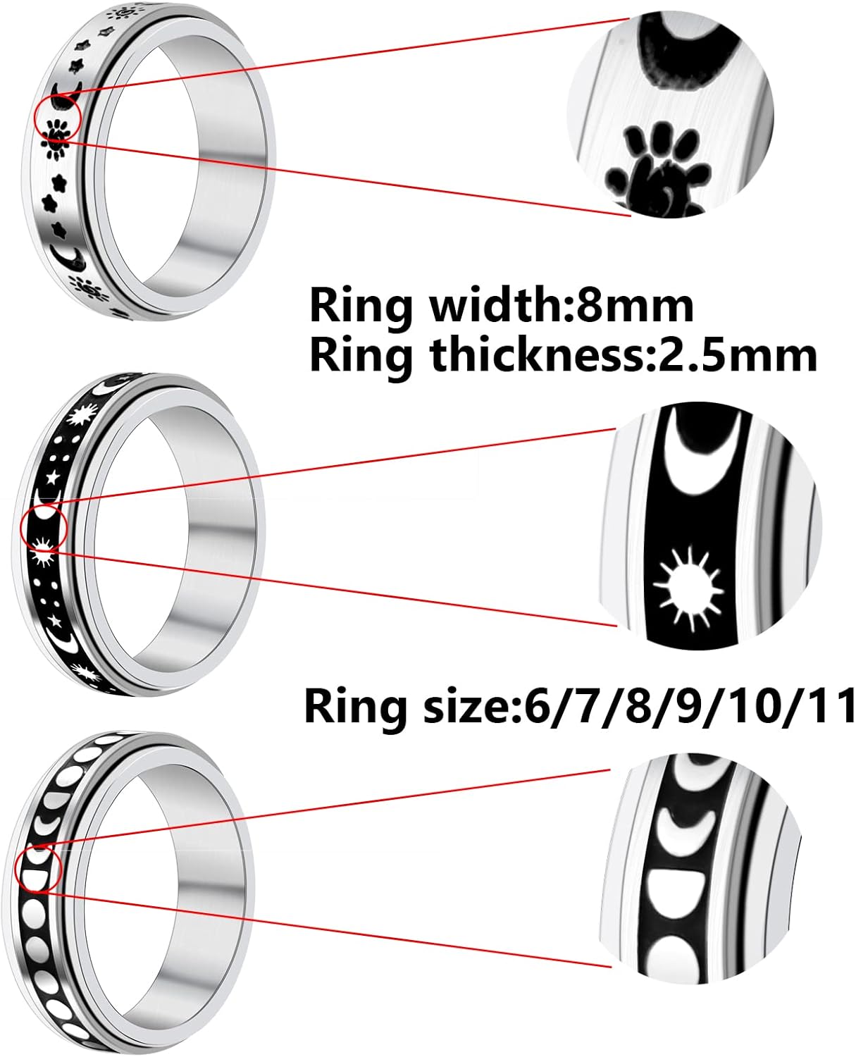 FUTIMELY Anillo giratorio de acero inoxidable de 0.315 pulgadas para adolescentes y hombres, anillos para aliviar el estrés y la ansiedad, juego de