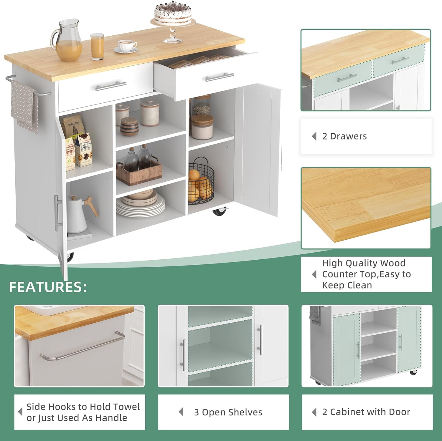 Shintenchi Carrito de isla de almacenamiento de cocina con 3 estantes abiertos, 2 cajones y 2 gabinetes, carrito de cocina con ruedas con