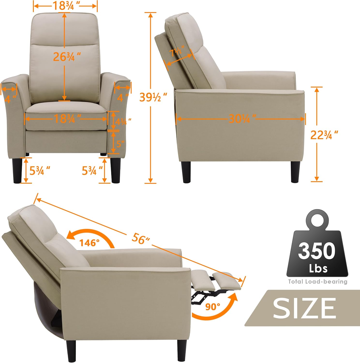 PrimeZone Silla reclinable de tela, sofá reclinable moderno de mediados de siglo, silla reclinable ergonómica ajustable con respaldo más grueso y