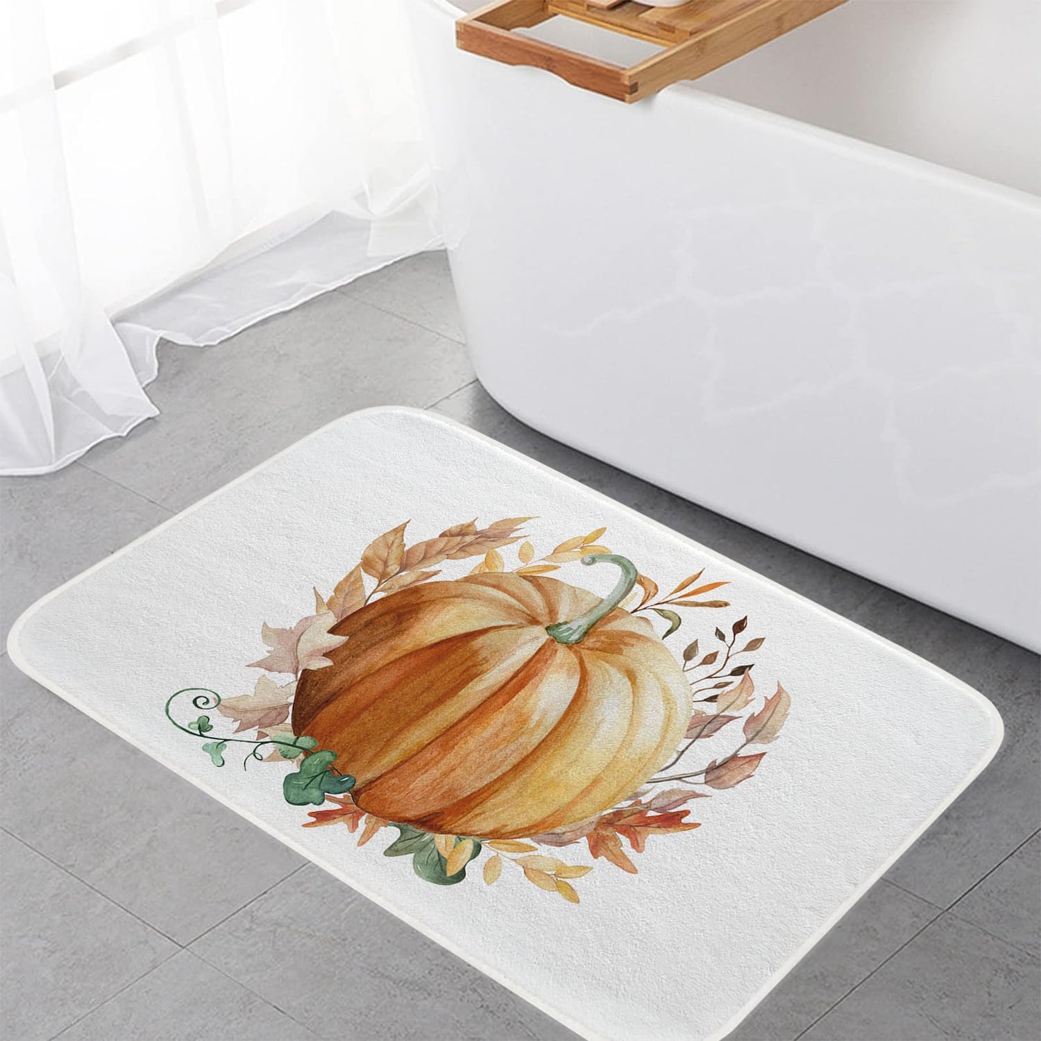 Alfombra de baño de otoño con calabaza naranja, hojas de arce, antideslizante, 20 x 32 pulgadas, alfombra de baño suave de cosecha de otoño,