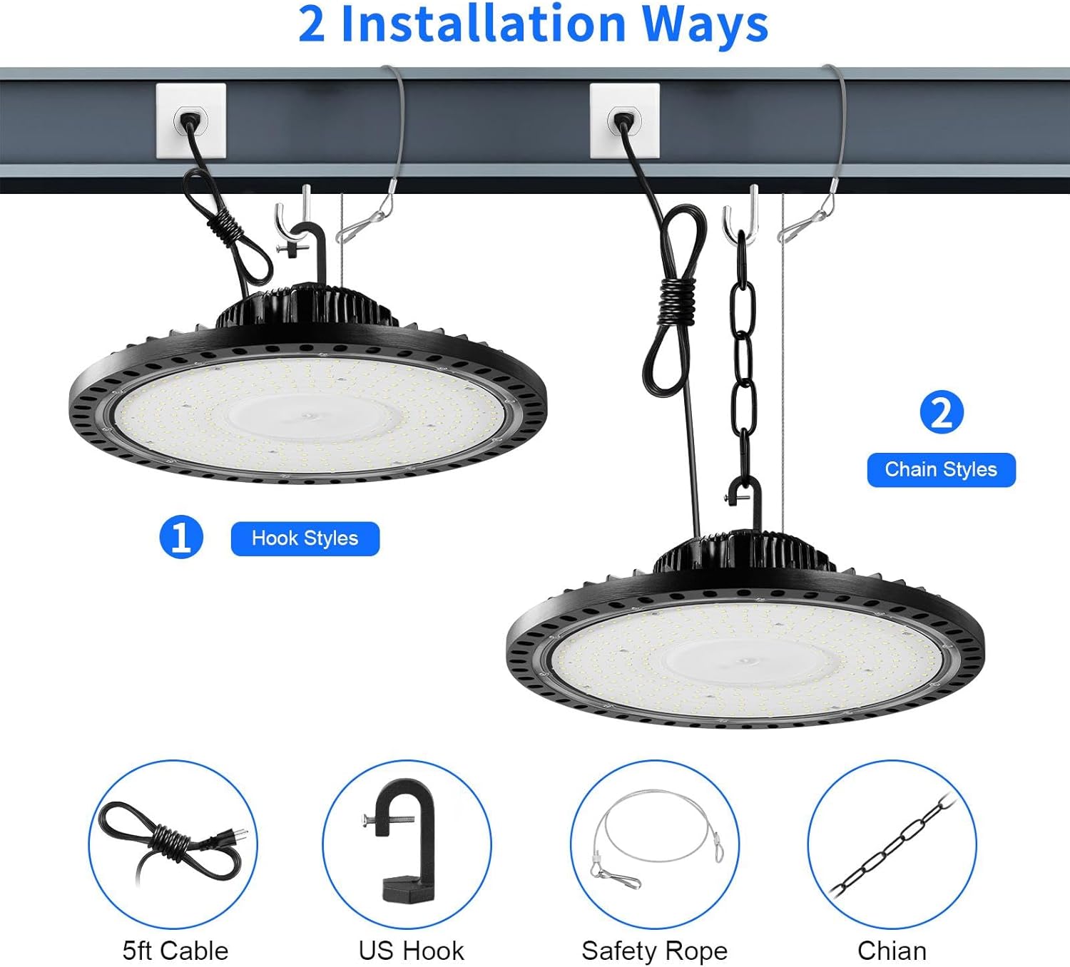 Lightasea 200 W LED de alta bahía luz 2 paquetes 28000LM regulable 5000K IP65 luz LED de alta bahía impermeable, cable de iluminación UFO de 5 pies