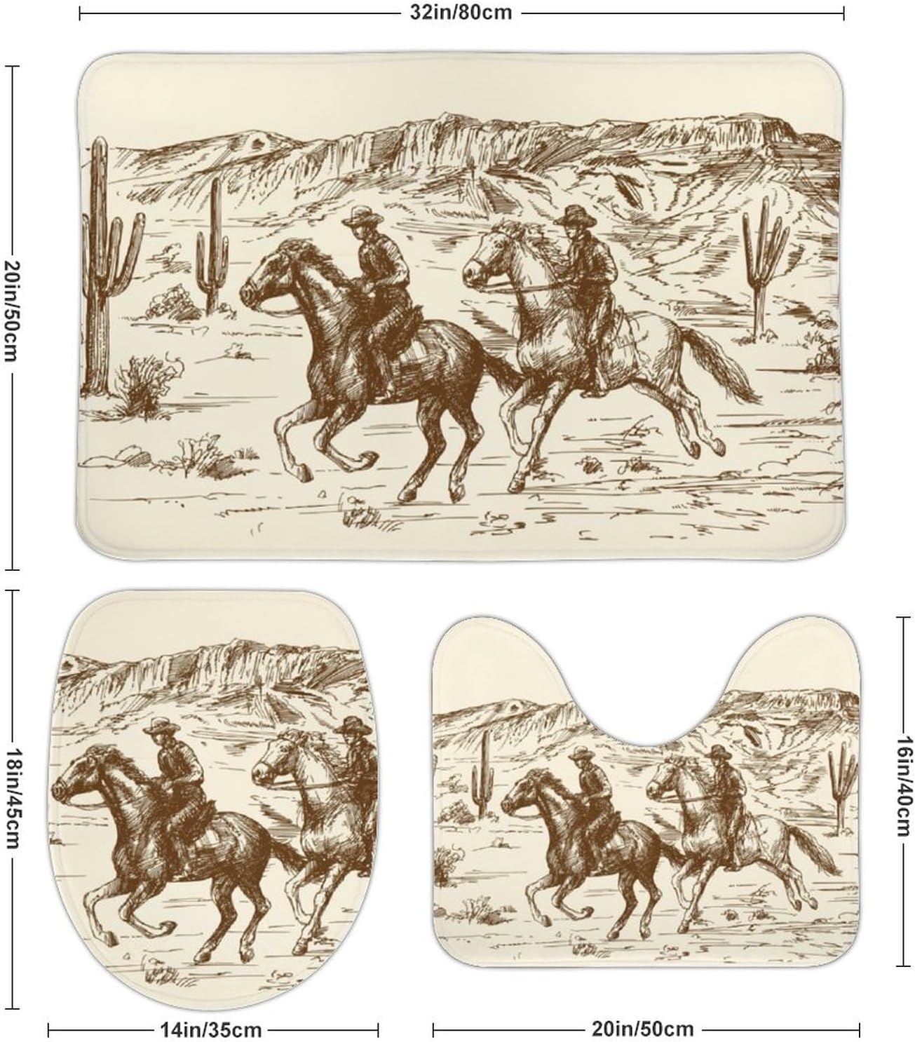 American Wild West Cowboys – Juego de 3 alfombras de baño de terciopelo coral con temática de país occidental, antideslizante, absorbente, en forma