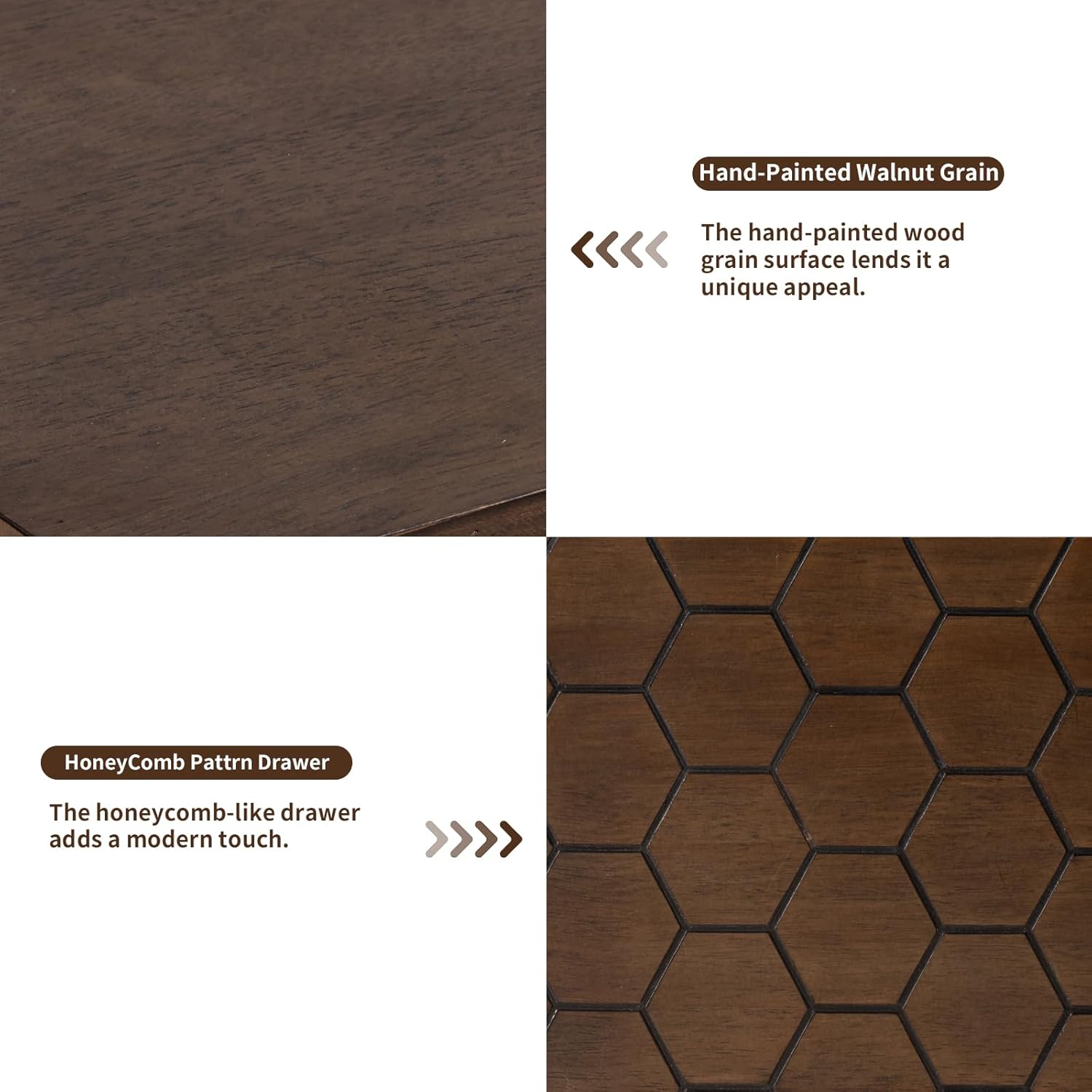 HOMPUS Mesa auxiliar moderna con patrón de panal de abeja, mesita de noche con 3 cajones de almacenamiento, mesita de noche con acabado de grano de