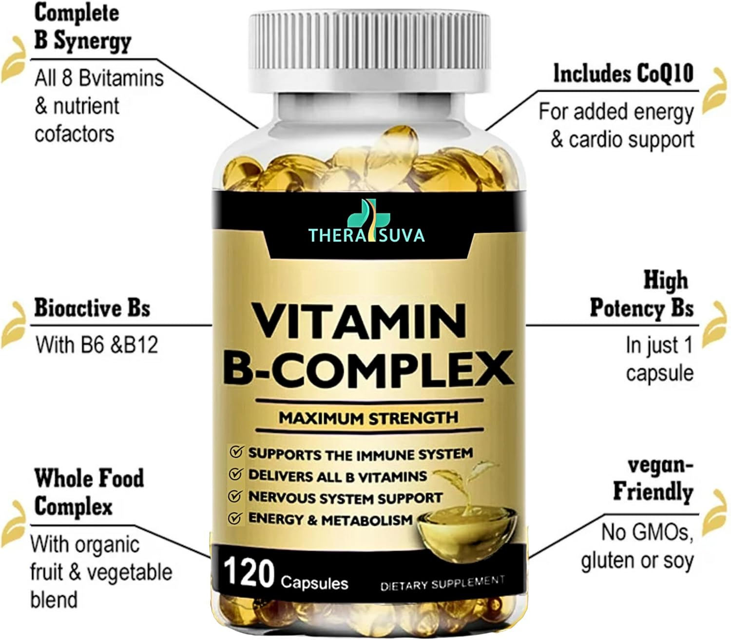 Thera SUVA Max Strength Vitamina B Complex + CoQ10 + Vitamina C – Suplemento para energía, apoyo al metabolismo, 120 cápsulas blandas, suministro