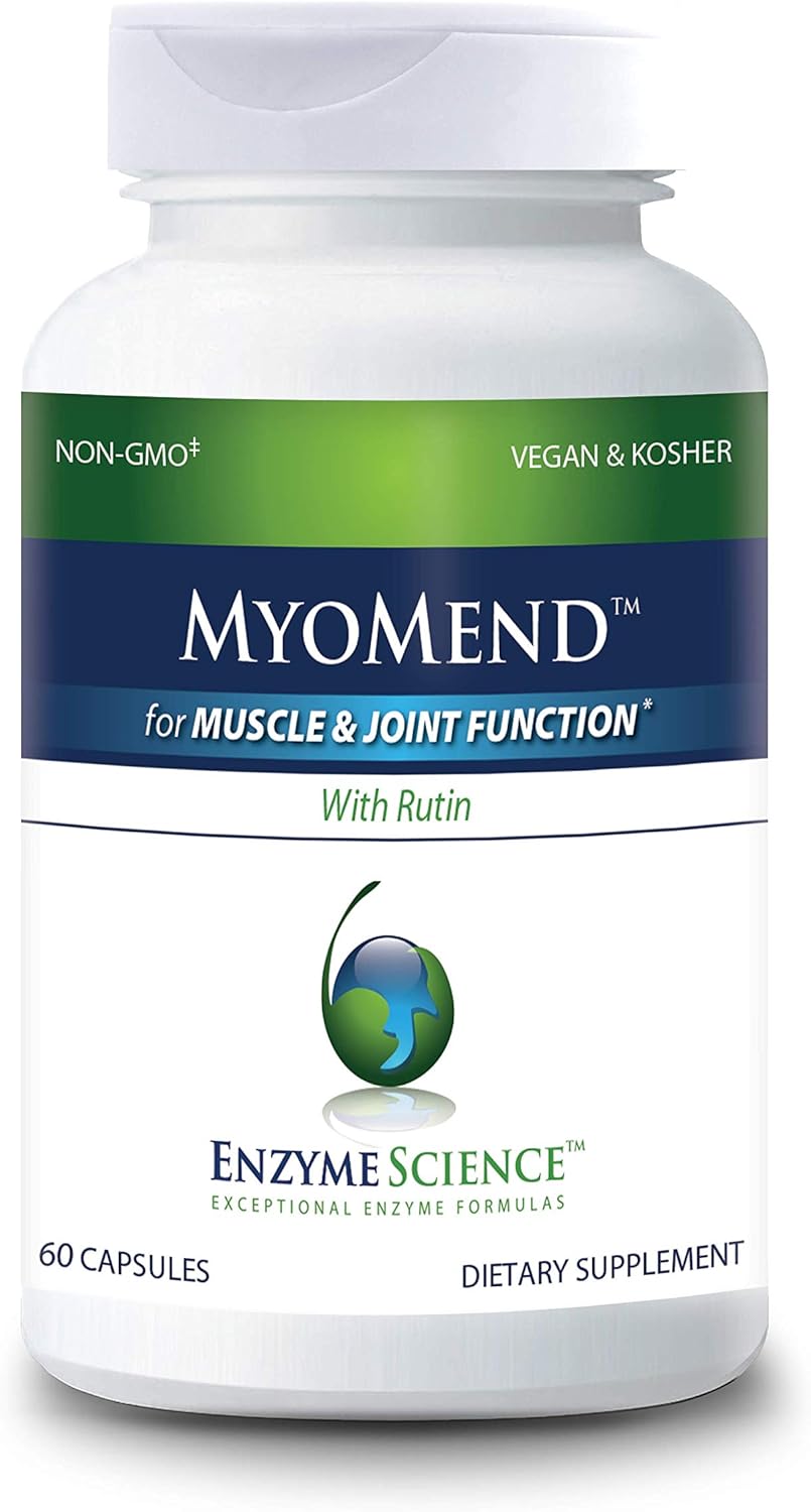 Myomend, 60 cápsulas  Apoyo muscular y articular  Formulado con bromelina y rutina  Suplemento de salud enzimática  vegano y kosher
