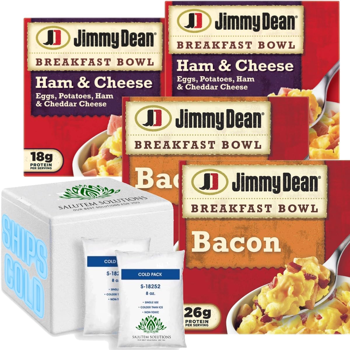 Salutem Vita – Tazón de desayuno Jimmy Dean  2 de jamón y queso  + 2 de tocino y queso cheddar, 7 onzas cada uno – Total de 4 tazones