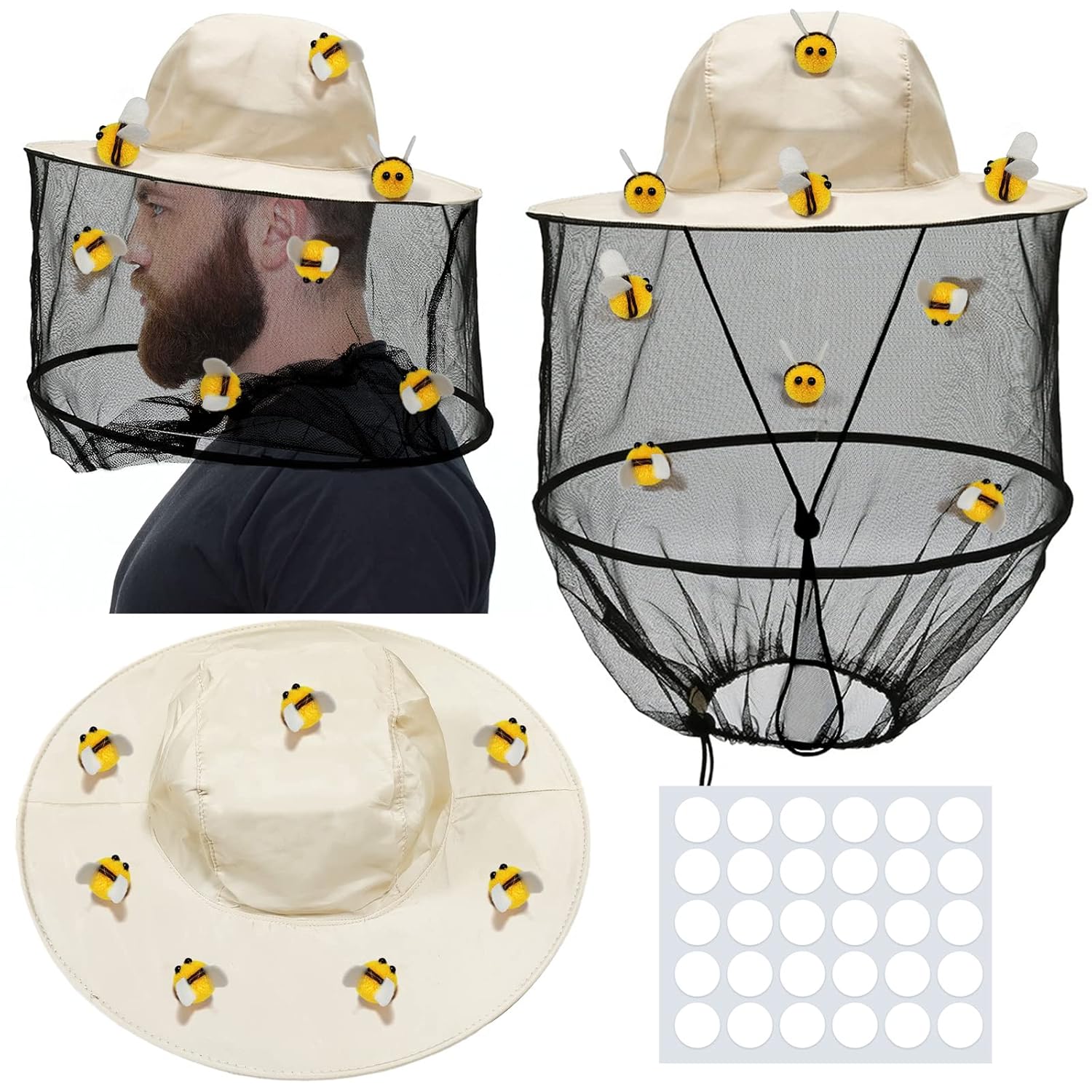 Juego de 47 piezas de apicultores, incluye 2 sombreros de abeja y velo, 15 abejas de bola de pelo y 30 cintas redondas de doble cara, sombreros de