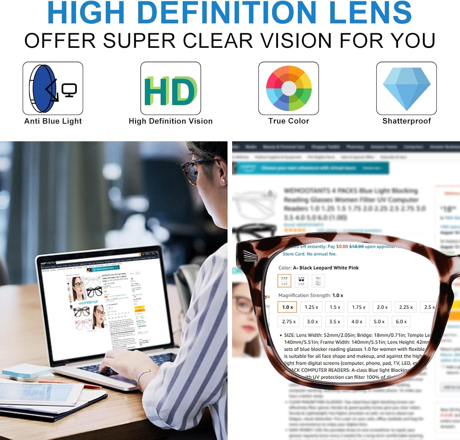 Paquete de 4 lentes de lectura con bloqueo de luz azul para mujer, filtro UV, para lectores de computadora 1.0 1.25 1.5 1.75 2.0 2.25 2.5 2.75 3.0