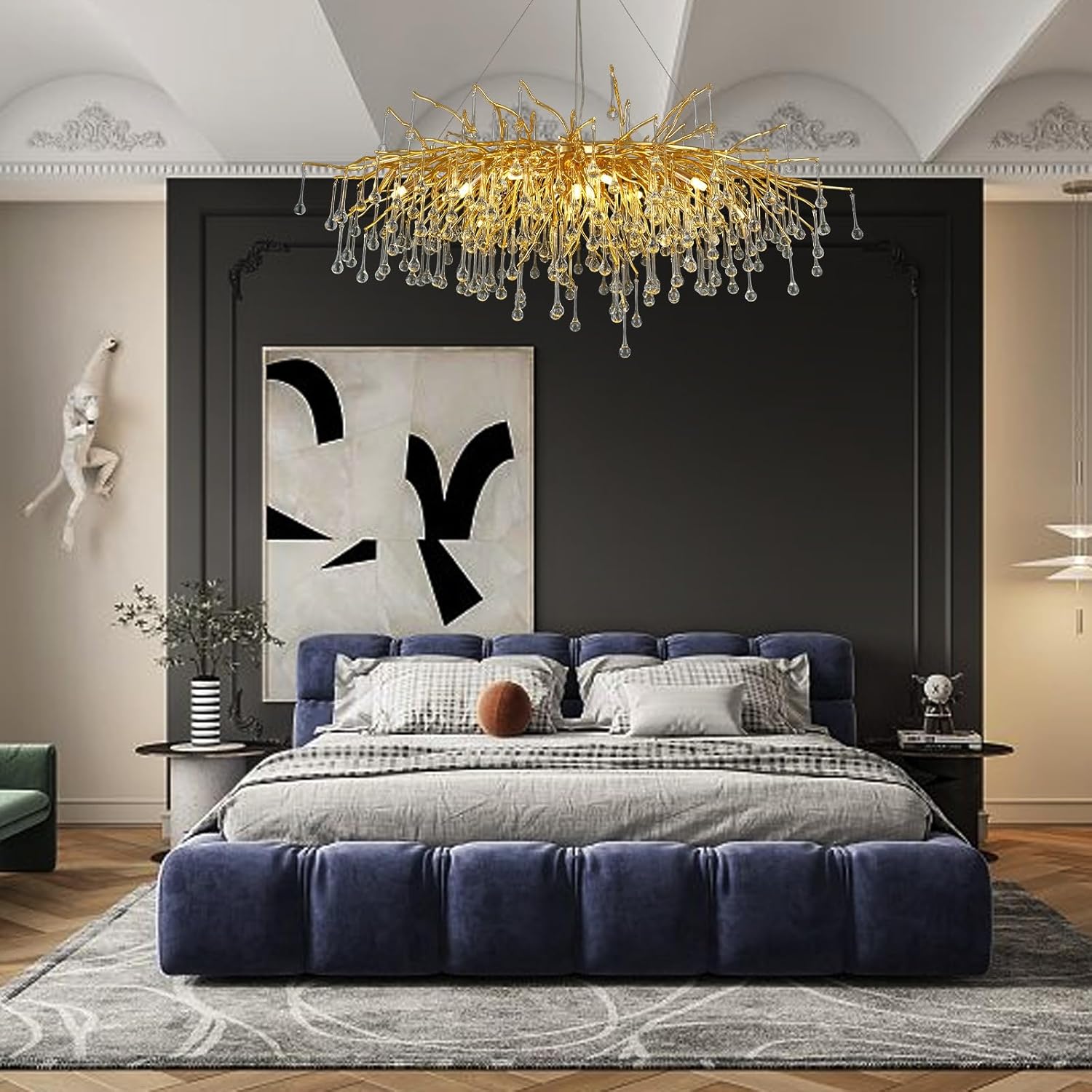 Candelabro de cristal dorado, lámpara de rama de árbol de 47 pulgadas, lámpara rectangular para comedor, lámpara sobre mesa, gota de lluvia, lámpara