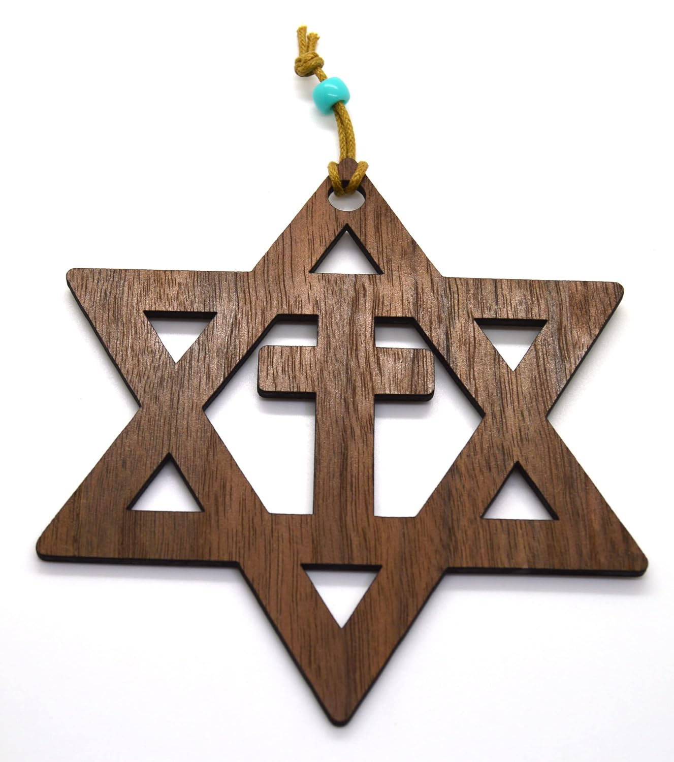 Star of David with the cross walnut or Basswood wooden cutout ornament wall art 5″ Messianic Jewish gift (Brown)