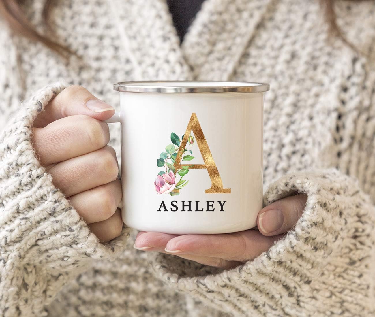 Andaz Press Taza de té personalizada de acero inoxidable de 11 onzas, regalo de taza de café con monograma de floración exuberante, nombre