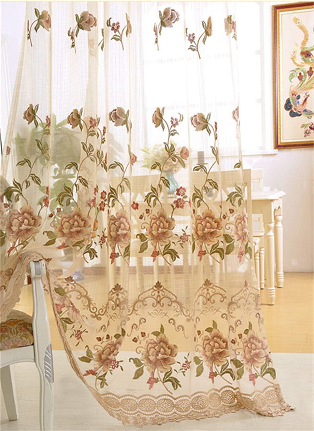 Cortina de gasa con diseño de flores en bordado europeo con ranura para cortinero Cortina romántica para ventana, para dormitorio o villa Permite el