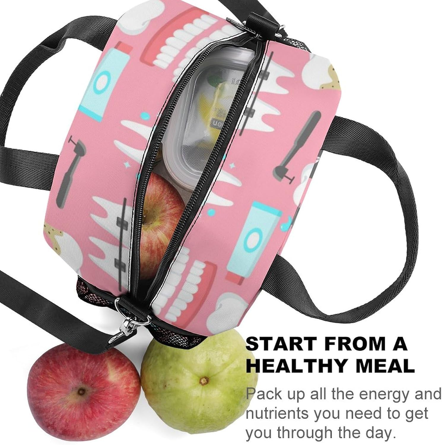 Lonchera aislada, bolsa de almuerzo pequeña con soporte para botella de agua, correa de hombro ajustable y extraíble, diseño dental sin costuras,