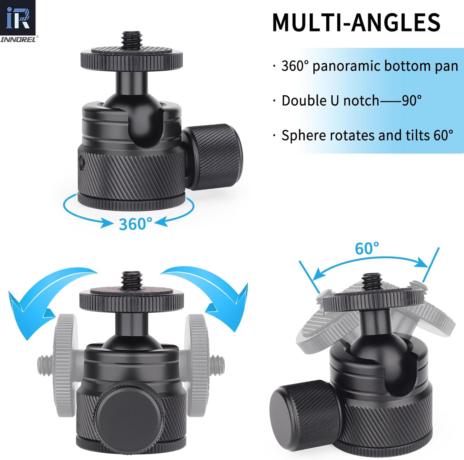 Mini Ball Head-INNOREL C19 Mount Tripod Head-CNC Metal Low Profile Ballhead 360 Pan 90 Tilt Trípodes Montaje con 38″ a 14″ Adaptador de 38″ a 14″