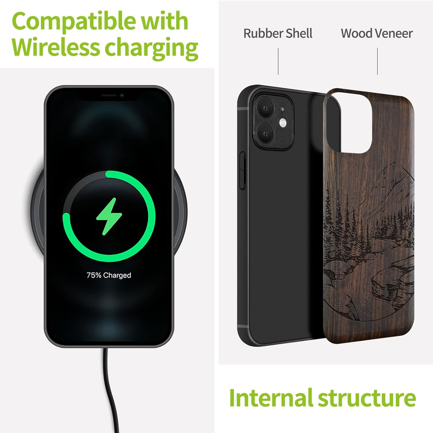 Carveit Funda magnética de madera para iPhone 12 madera natural y TPU suave negro a prueba de golpes, funda de madera única compatible con magsafe
