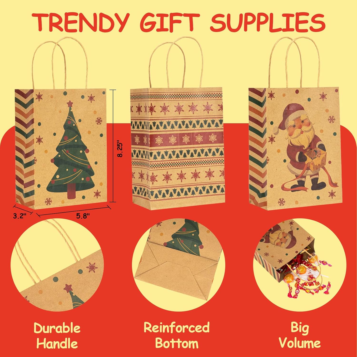 RACETOP 24 bolsas pequeñas de regalo de Navidad con asas, 4 diseños de bolsas de papel kraft de Navidad para bolsas de regalos de Navidad, recuerdos