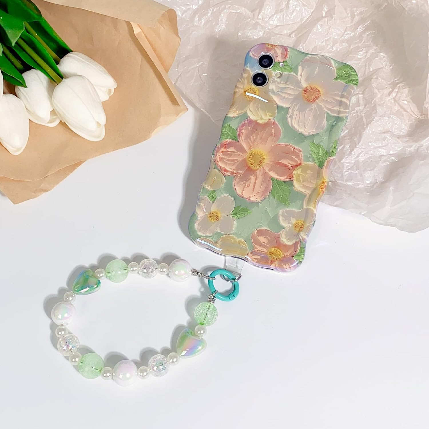 NITITOP Funda compatible con iPhone 11, bonita funda de pulsera floral de flores de aceite con bonita correa de muñeca verde para mujeres y niñas,