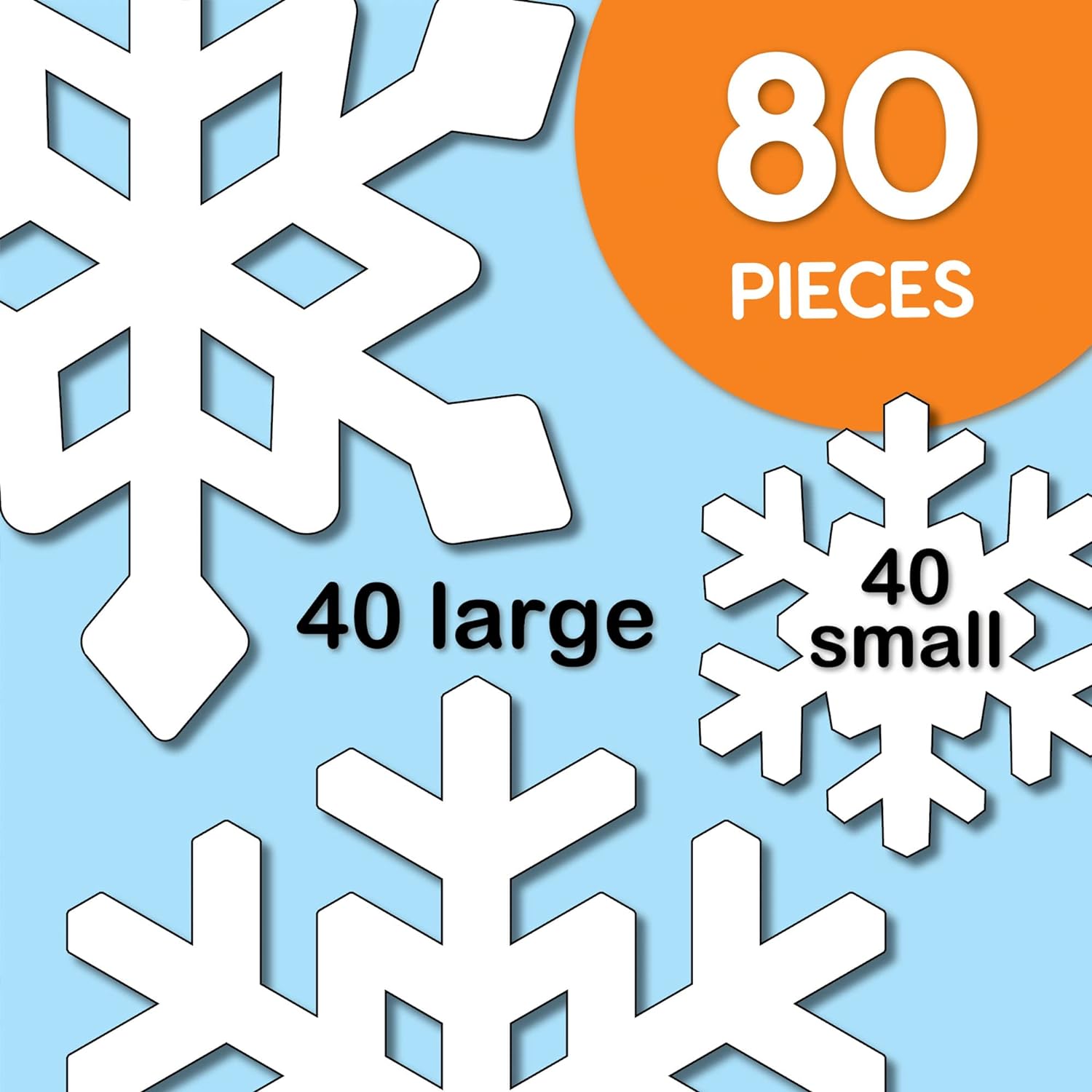 80 piezas de recortes de papel de copo de nieve con guía IDEA, tarjeta de 2 lados fabricada en Estados Unidos, copos de nieve blancos para tablones
